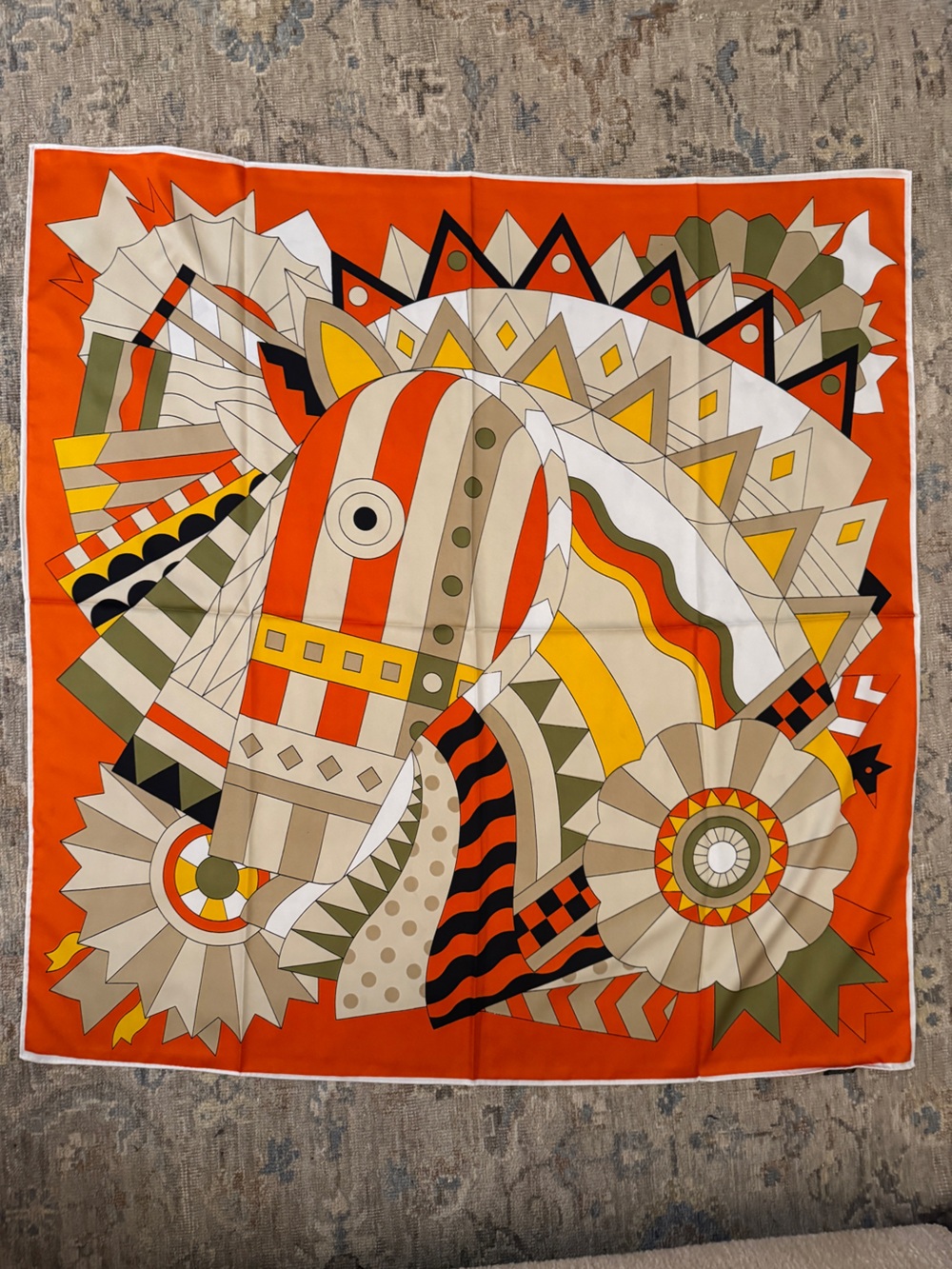 Designer-style 90cm Silk Orange Geometric Horse Art Scarf Print-New